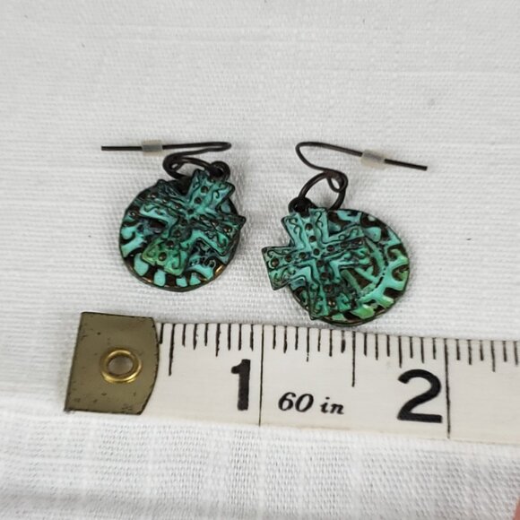 Greek Medallion Green Patina Antique Bronze Cross/Coin Dangle Earrings - Picture 6 of 6